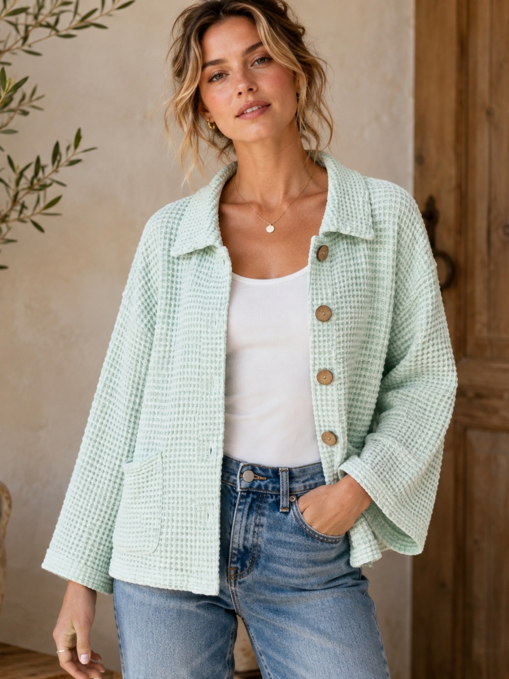 Mint Green Cotton Waffle Knit Oversized Button Jacket